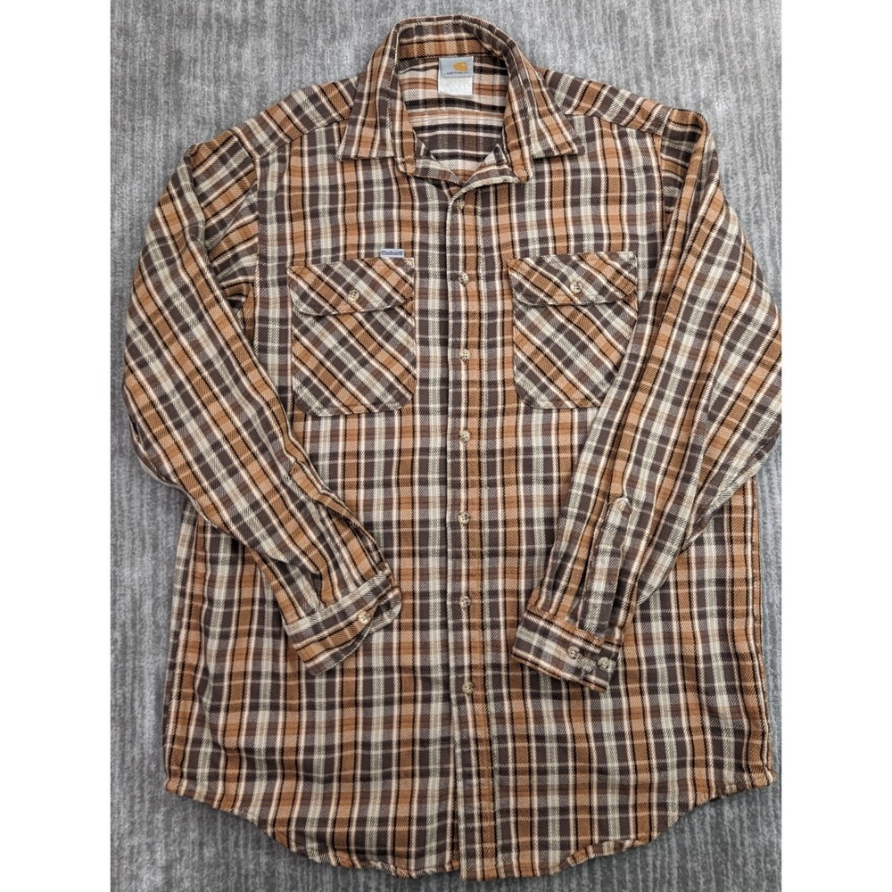 Vintage Carhartt Rugged Outdoor Wear Flannel Plaid Shirt Mens Large Brown USA